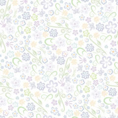 Beautiful floral pattern pastel colors. Many Small decorative flowers and curls on white background vector illustration for design cambric fabric, background of women's site, wallpaper, wrapping paper