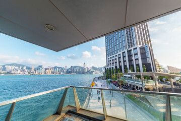 Seaside promenade of Victoria harbor of Hong Kong city