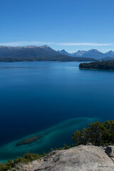 view of bahia brava viewpoint Villa Langostura, Patagonia Argentina, blue lake and mountains