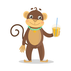 Monkey stands and holds a cold drink. Lemonade, juice or something else. Vector graphic.