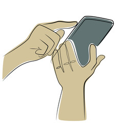 Phone in hand one line drawing on white isolated background