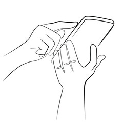 Phone in hand one line drawing on white isolated background