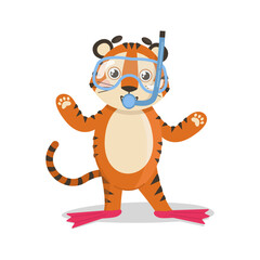 Tiger in a mask and fins for swimming. Vector graphic.