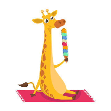 Giraffe is sitting on a blanket or towel, eating a large multi-colored ice cream. Vector graphic.