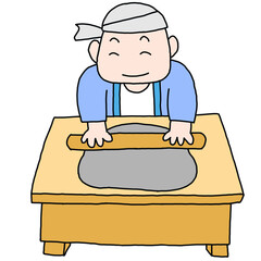 そば打ちをする男性