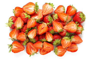 Bunch of ripe strawberries isolated on white background, close-up