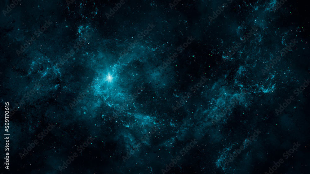 Wall mural space background. colorful fractal blue nebula with star field. 3d rendering