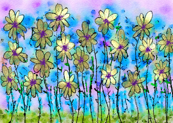 gold field of flowers illustration, handpainted floral image