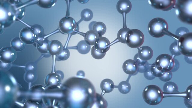 High quality CGI render of an abstract glass molecular model in a blue color theme, with a smooth orbiting camera move and beautiful depth of field