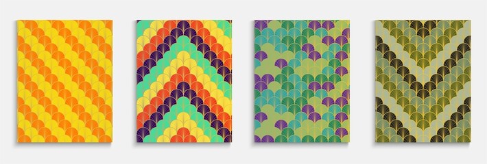 Chinese Golden Fan Minimal Cover Set. Japanese Retro Poster Set. Geometric Stripes Cover. Funky Dynamic Deco Fabric Backgroud. Rich VIP Kimono Texture. Bright Color Ethnic A4 Pattern.