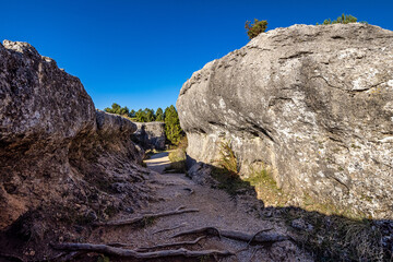 Unique rock formations in La Ciudad Encantada or Enchanted City near Cuenca, Spain, Castilla la Mancha