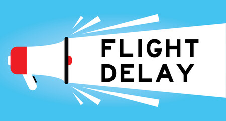 Color megaphone icon with word flight delay in white banner on blue background