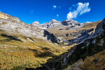 Autumn view of beautiful nature in Ordesa and Monte Perdido NP, Pyrenees, Aragon in Spain.