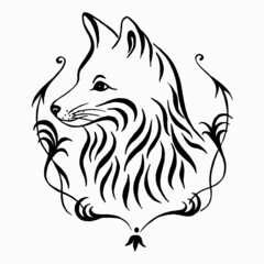 Fototapeta premium Fox portrait with ornament. Black and white linear drawing. Vector illustration. Calligraphy illustration.