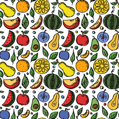Seamless fruit pattern Colored doodle background with fruit icons Fruit background