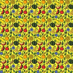 Seamless fruit pattern Colored doodle background with fruit icons Fruit background
