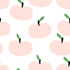 Cute pink apple seamless pattern for fabric design. Hand-drawn repeat minimalistic background with pink apples on white background.