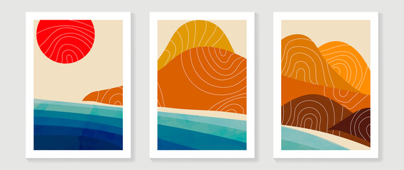 Set of abstract mountain wall art template. Line art, hills, lines, beach, watercolor texture and sun. Collection of landscape wall decoration perfect for decorative, interior, prints, banner.