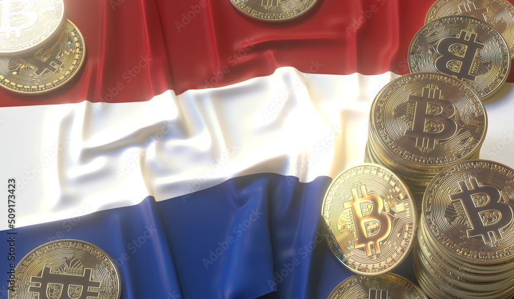 Aufkleber Bitcoin tokens and flag of the Netherlands. Cryptocurrency related 3D rendering