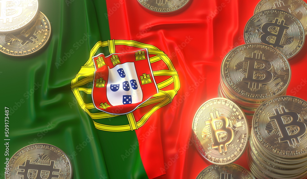 Poster flag of portugal and bitcoin coins or tokens, cryptocurrency related 3d rendering