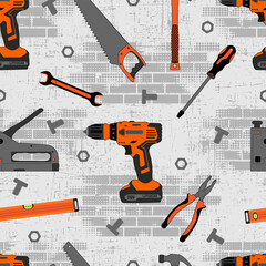 seamless pattern for boys with building tools on bricks and grunge texture.