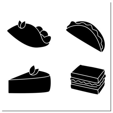 Food trends glyph icons set. Trendy dishes. Tacos, tender cheesecake, birria, quesabirria, sandos. New recipes concept.Filled flat signs. Isolated silhouette vector illustrations