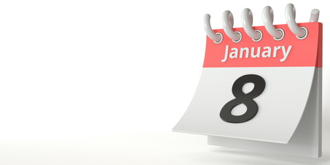 January 8 date on a tear-off calendar, 3d rendering