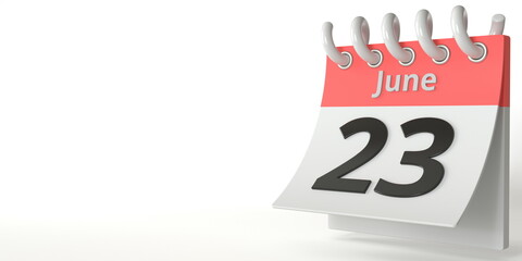 June 23 date on a tear-off calendar, 3d rendering