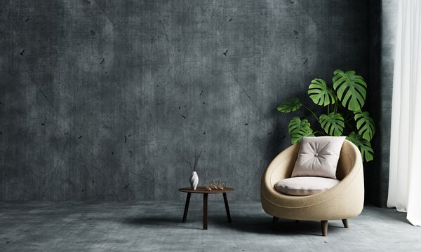 Living room with armchair sofa and Monstera plant on empty and copy space loft concrete wall background. Interior and architecture concept. 3D illustration rendering