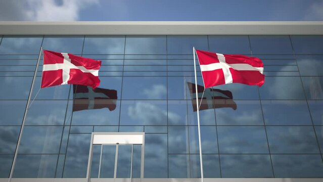 Waving flags of Denmark in the airport and taking off airplane. 3D animation