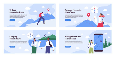 Travel and nature tourism concept collection. Vector flat illustration. Banner template set. Male and female tourist with backpack on hiking climbing trip. Mountain with route and pin destination sign