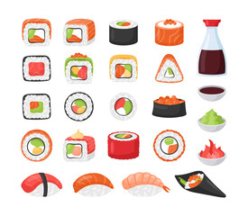 Sushi icon set. Vector collection of various sushi roll, sashimi with shrimp, salmon and tuna, gunkan. Japanese cuisine, traditional food. Asian food. Roll with fish, vegetables, wasabi soy ginger
