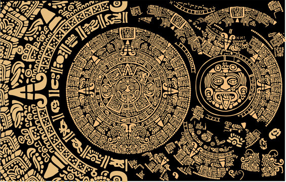 Ancient Mayan Calendar. Abstract design with an ancient Mayan ornament.
Images of characters of ancient American Indians.The Aztecs, Mayans, Incas.
Mayan calendar.the Mayan alphabet.