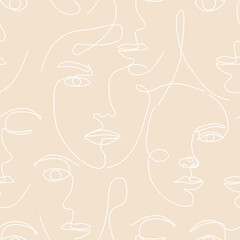 Vector seamless pattern with women faces continuous Line art