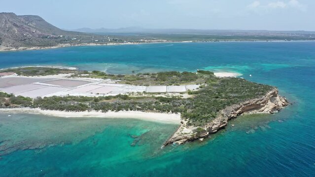 Salt pans at Isla Cabra, Montecristi in Dominican Republic. Aerial panoramic view