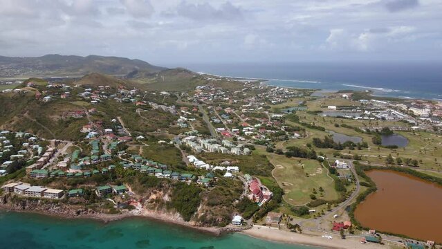 Aerial view of the city of Basseterre, in sunny St Kitts and Nevis - panoramic, drone shot