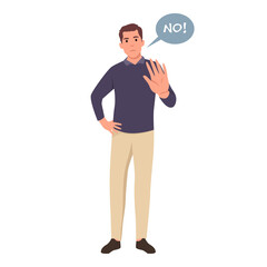 Young smiling man cartoon character wave hand making no sign or stop sign, business concept in saying no, stop, or disagreement. . Flat vector illustration isolated on white background