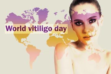 Woman with vitiligo on world map. International and World Vitiligo Day. Toning purple and orange