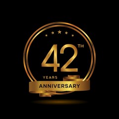 42 years anniversary logo with gold color and ribbon for booklet, leaflet, magazine, brochure poster, banner, web, invitation or greeting card. Vector illustrations. - obrazy, fototapety, plakaty