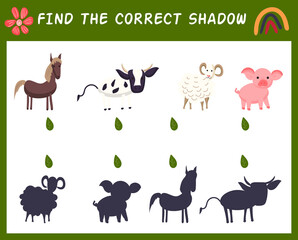 Obraz premium Find the correct shadow wit farm animals. Matching game for kid with cow, horse, sheep, pig