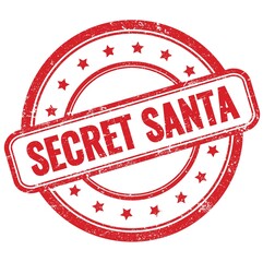SECRET SANTA text on red grungy round rubber stamp.