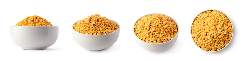 yellow split peas in a white bowl or cup, dried, peeled and split seeds of pea, isolated on white...
