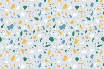 Vector Terrazzo pattern horizontal background. Abstract italian flooring stone, concrete multicolor small elements texture on blue background. Granite natural textured print for home interior design.