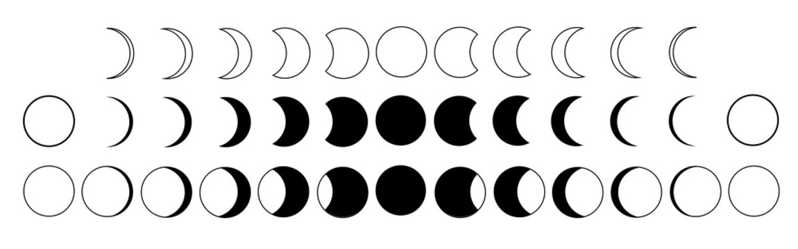 
Moon phase. Lunar cycle black icons set. Stages of the full moon, the crescent of the planet. Moon calendar. Vector illustration