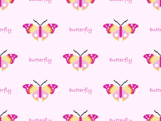Butterfly cartoon character seamless pattern on pink background. Pixel style..