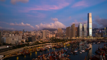 Hong Kong cityscape during evening and afterglow in west kowloon zone