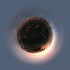 container ships in the shelter on the sea in tiny planet view