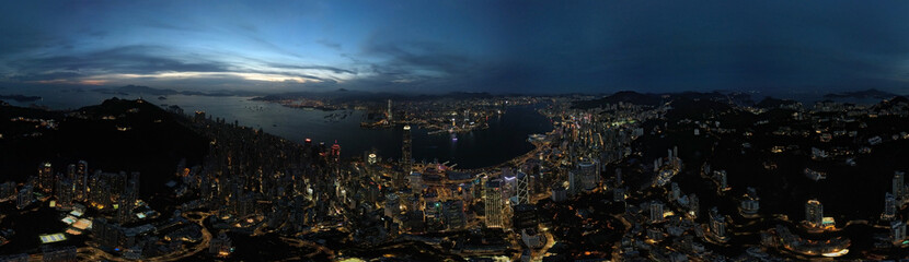 Victoria Harbour in drone point of view at night in panoramic mood - 509180456