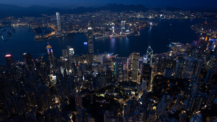 Victoria Harbour in drone point of view at night