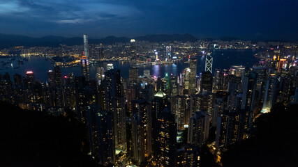 Fototapeta na wymiar Victoria Harbour in drone point of view at night